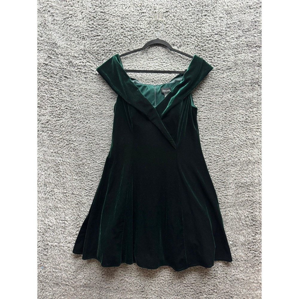 Xscape Off-The-Shoulder Velvet Fit & Flare Dress Emerald Green Womens Size 14‎